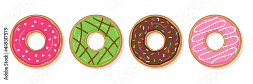 Donuts with glaze and glossy icing. Set sweet doughnuts. Confectionery dessert isolated on white background. Top view of birthday pastry. Flat design. Vector illustration.