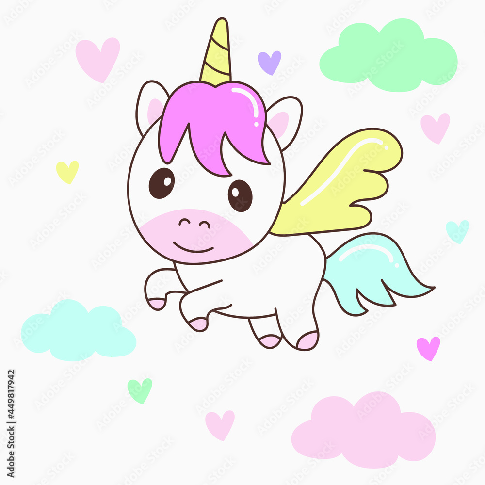 Cute magical unicorn with pastel colorful heart and cloud. Vector design isolated on white background. Print for t-shirt or sticker. Romantic hand drawing illustration for children.