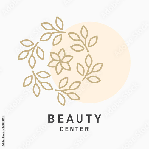 Beauty center with flowers for logo, label, badge, sign, emblem Set for cosmetics, jewellery, beauty and handmade products, tattoo studios. Linear trendy style. Vector illustration. Thin line icon