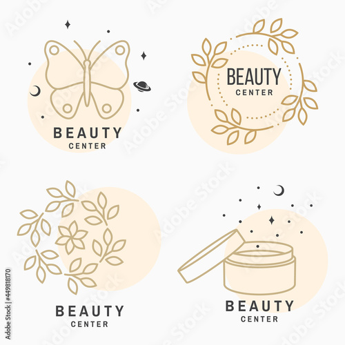 Set of Beauty center emblem with butterfly, cosmetic cream, flowers. Beauty center label, badge, sign for cosmetics, jewellery, beauty. Linear trendy style Vector
