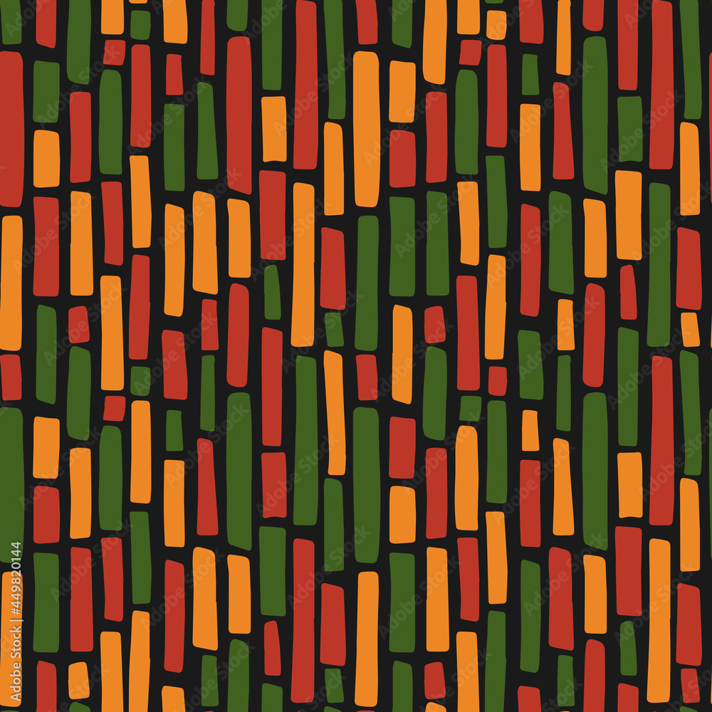 Abstract Kwanzaa, Black History Month, Juneteenth seamless pattern with hand drawn vertical lines in traditional African colors - black, red, yellow, green. Vector tribal ethnic background design