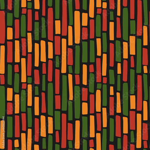 Abstract Kwanzaa, Black History Month, Juneteenth seamless pattern with hand drawn vertical lines in traditional African colors - black, red, yellow, green. Vector tribal ethnic background design photo