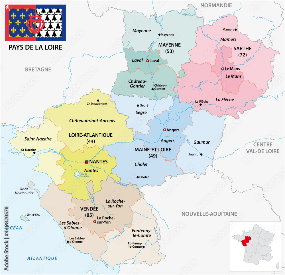 Administrative vector map of the French region of Pays de la Loire with flag