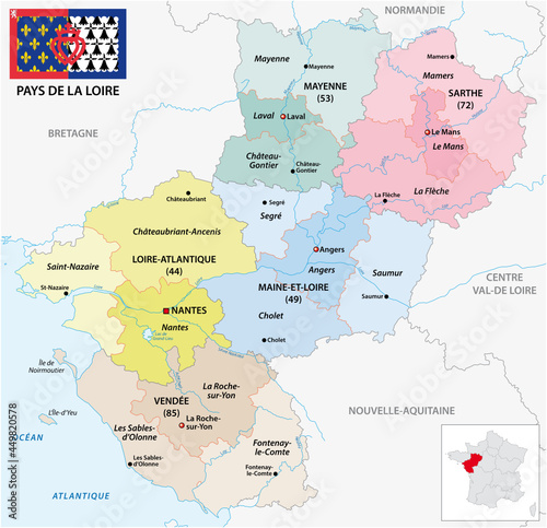 Administrative vector map of the French region of Pays de la Loire with flag