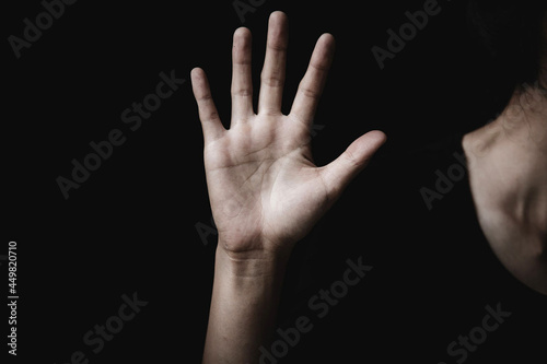 woman open hand. Concept against something , stop violence again