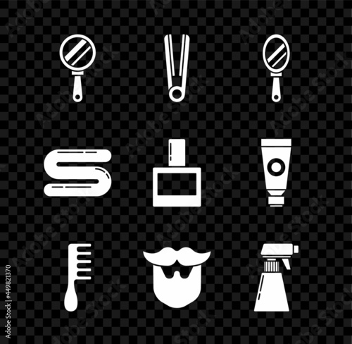 Set Hand mirror, Curling iron for hair, Hairbrush, Mustache beard, Hairdresser pistol spray bottle, Towel and Aftershave icon. Vector
