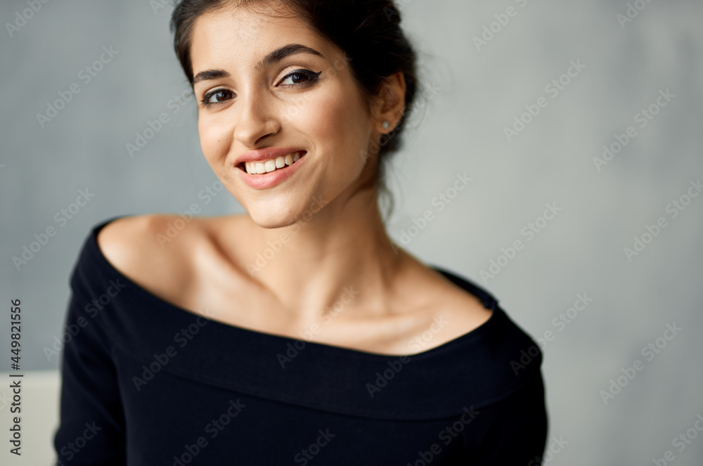 cheerful woman in black dress glamor fashion studio elegant style cheerful woman in black dress glamor fashion studio elegant style