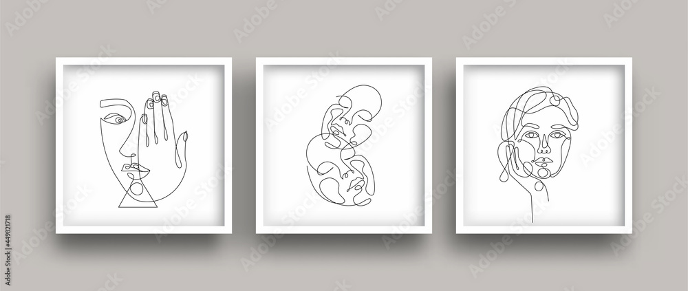 Abstract one line drawing of woman face poster set. Aesthetic line art single hand drawn style.