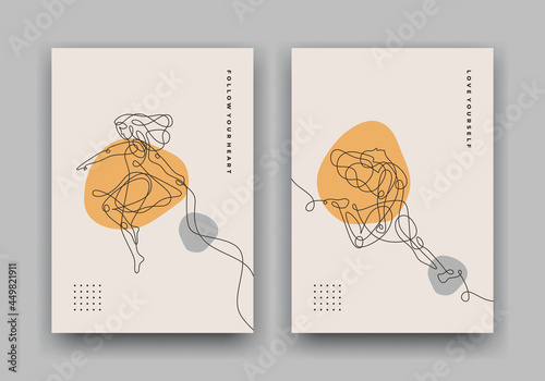 Beauty woman pose one line. Poster covers minimalist drawing.