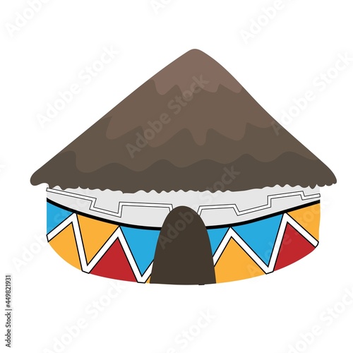 Ndebele African house with grey thatched roof isolated on white background. Bright colored decorated clay walls. Geometrical pattern.