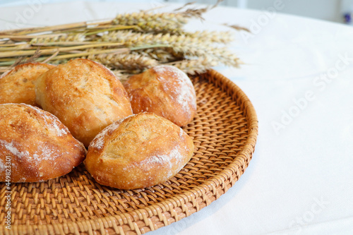 close up of mini french breads for breakfast or for snack with yam and coffee or tea in the afternoon.