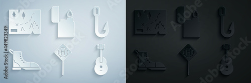 Set Parking, Fishing hook, Hiking boot, Guitar, Lighter and Folded map with location icon. Vector