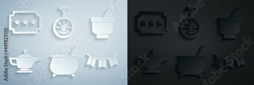 Set Witch cauldron, Magic mortar and pestle, lamp Aladdin, Carnival garland with flags, Unicycle one wheel bicycle and Ticket icon. Vector