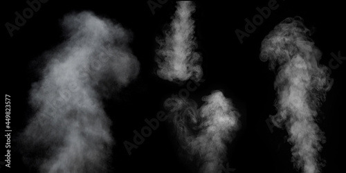 A perfect set of four different mystical curly white vapors or smoke on a black background. Abstract smog background