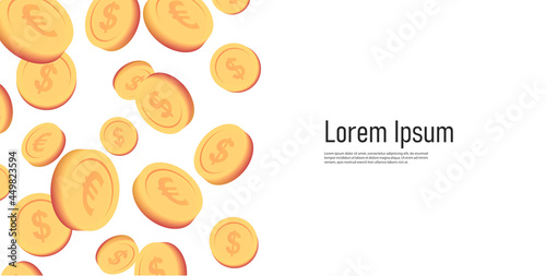 Business background with golden euro and dollar coins to the left side of the composition and place for title and slide text the right