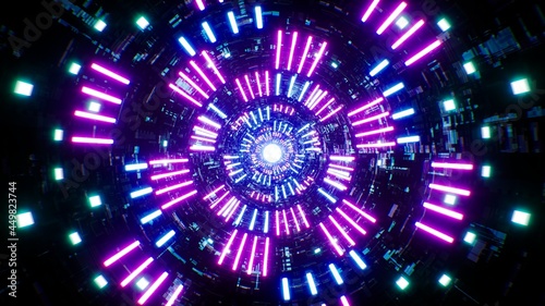 Purple and Blue Color Light Beam Spread out in the Sci fi Textured Tunnel