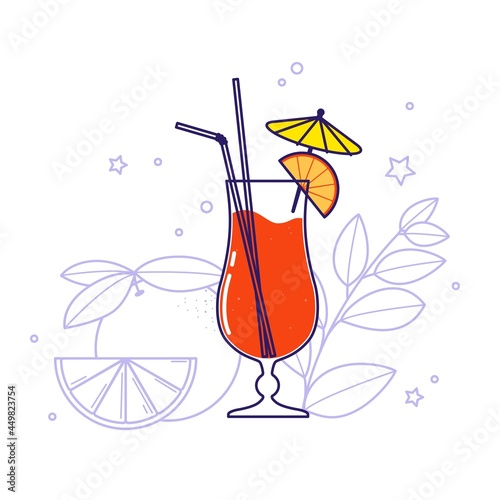 Alcoholic cocktail - sex on the beach with orange and leaves in the background. Vector illustration isolated on white background