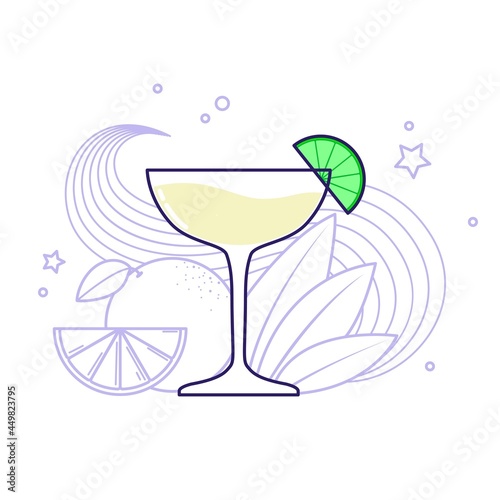 Alcoholic cocktail - margarita with lime and leaves in the background. Vector illustration isolated on white background