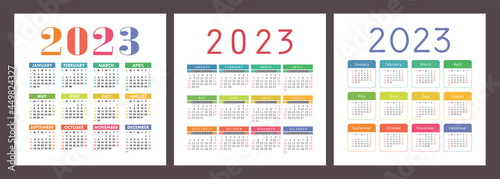 Calendar 2023 year. English colorful vector set. Square wall or pocket calender template. Design collection. New year. Week starts on Sunday