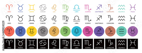 Zodiac signs: aquarius, libra, leo, taurus, cancer, pisces, virgo, capricorn, sagittarius, aries, gemini, scorpio. Astrological calendar collection, zodiacal color vector horoscope