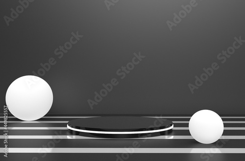 black podium with realistic light balls, template for your presentation. 3d render illustration with black abstract room with 3D white spheres