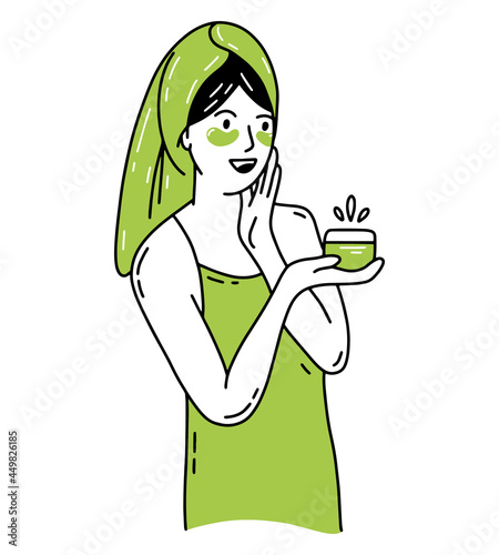 A woman after taking a bath is smeared with cream in doodle style