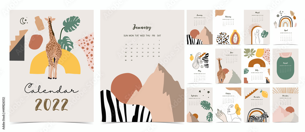 2022 table calendar week start on Sunday with safari that use for vertical digital and printable A4 A5 size