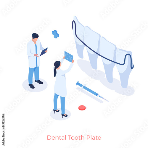 Dental tooth plate in dentistry. Dentists look at xrays of mouth to place jaw braces. Implantation and dental care with modern orthodontic technologies. Vector isometric illustration