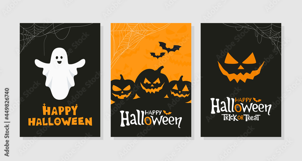 Vector set of Halloween holidays greeting cards or party invitations. Traditional symbols, flyer, banner, poster templates and handwritten lettering.
