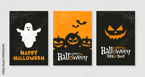 Vector set of Halloween holidays greeting cards or party invitations. Traditional symbols, flyer, banner, poster templates and handwritten lettering.