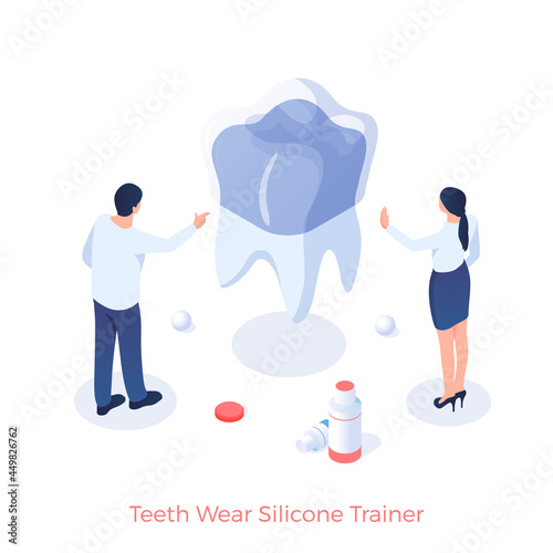 Silicone trainer against tooth wear. Installation dental pad exerciser. Elimination of abrasion tooth enamel and damage to gums. Improving bite with modern materials. Vector illustration isometry
