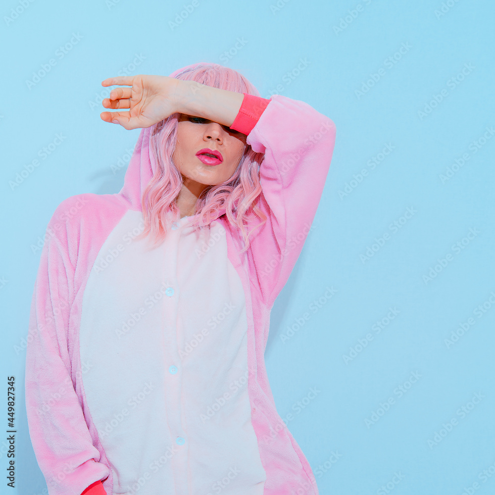 Pink Pajamas Party Girl. Home Relax fashion style. Kigurumi shop concept Pink Pajamas Party Girl. Home Relax fashion style. Kigurumi shop concept