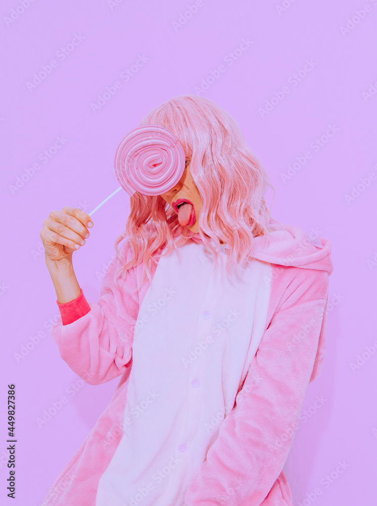 Playful Pink Pajamas Party Girl. Lollipop candy lover. Home Relax style. Kigurumi shop Playful Pink Pajamas Party Girl. Lollipop candy lover. Home Relax style. Kigurumi shop