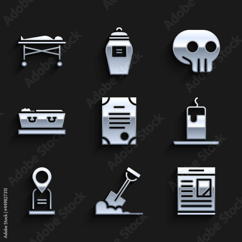 Set Death certificate, Shovel in the ground, Obituaries, Burning candle, Location grave, Coffin with dead, Skull and Dead body morgue icon. Vector