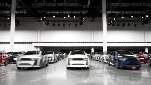 New electric cars at the factory. 3D rendering.