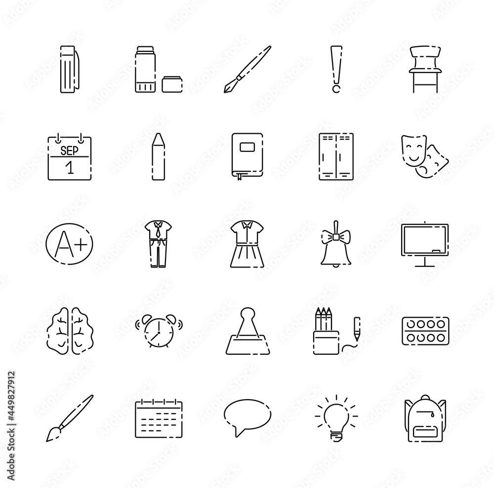School set of linear icons. Study, science, school, university, distance learning, e-learning sign. Vector illustration for design, website, advertising. School concept.