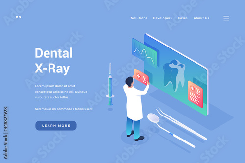 Dental xray of teeth. Doctor examines images and tomograms of oral cavity on digital display. Modern technologies in treatment and prevention of caries. Vector isometric landing page