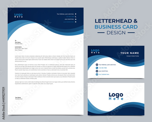 Letterhead Pad Business Card Design Dark Blue Light Blue Wave Shape White Background Vector Template