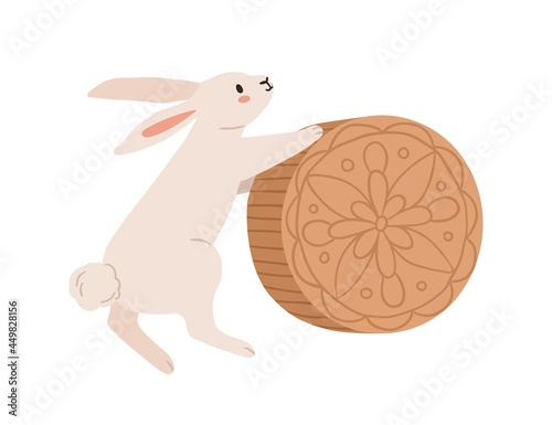 Cute rabbit with moon cake for mid-autumn festival in Japan. Bunny with hold traditional festive mooncake for Chinese holiday. Flat vector illustration of hare and cookie isolated on white background