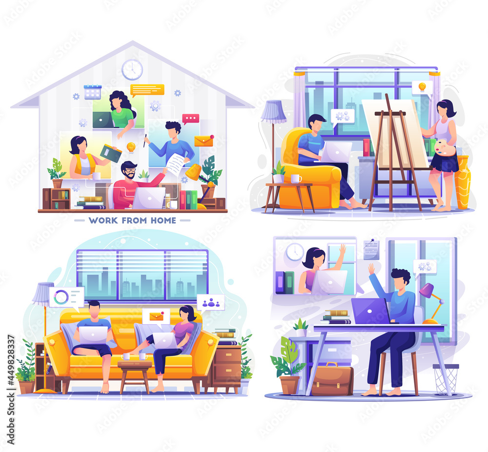 Set bundle of work from home with people remote working on laptop scene. self quarantine during pandemic. Flat vector illustration