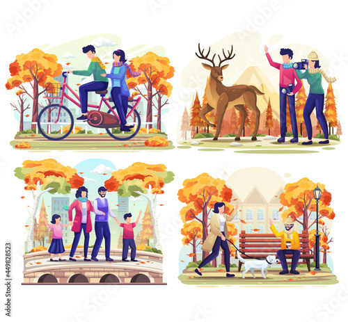 Set bundle of Autumn with people doing activity outdoor in park of autumn. Flat vector illustration