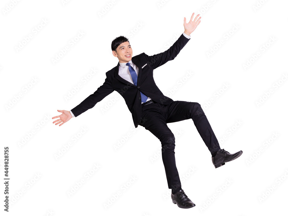 Full length portrait of a businessman jumping. Isolated on white background.