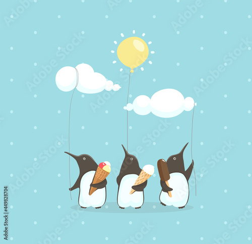 Penguins eating ice cream and holding air balloons with sun and clouds. Smart ice cream and penguins design. Vector illustration.