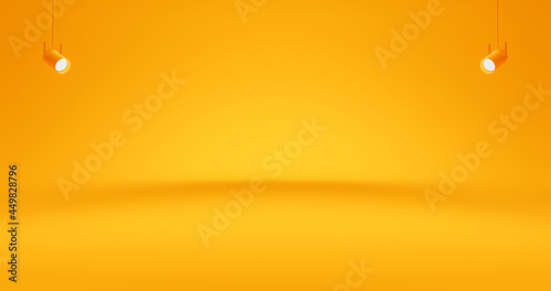 Yellow studio background spotlight wall and empty blank space backdrop design on vivid bright template or gradient room color wallpaper with abstract interior modern floor concept. 3D rendering. photo