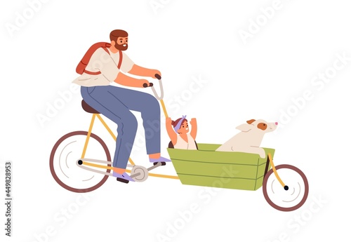 Happy father riding cargo bicycle with child and dog in carriage. Dad cycling bike with kid. Daddy together with daughter and pet at leisure. Flat vector illustration isolated on white background