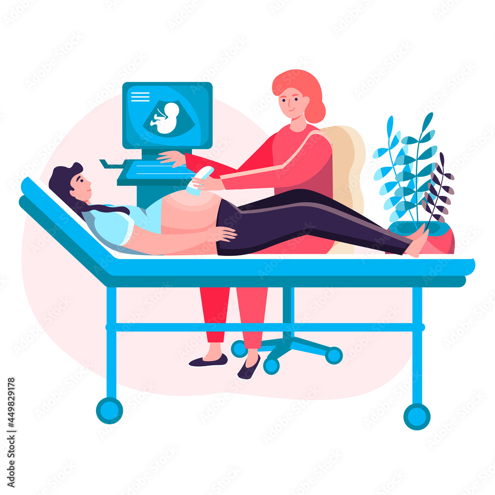 Pregnancy concept. Pregnant woman visiting doctor and makes screening. Caring for health of mother and baby at clinic character scene. Vector illustration in flat design with people activities