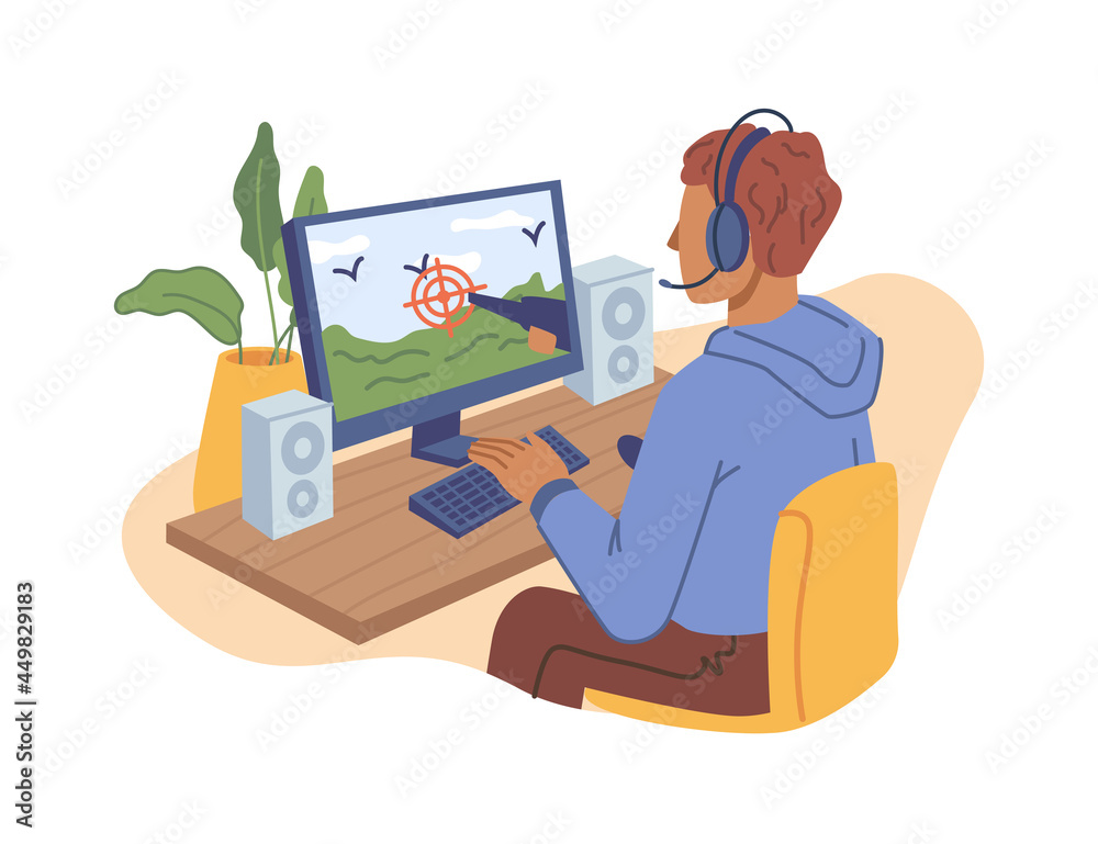 Teenager boy child playing online video game on computer isolated flat  cartoon character in headphones shooting on duck. Vector hobby  entertainment, guy spend leisure time at home, player in headset Stock  Vector |