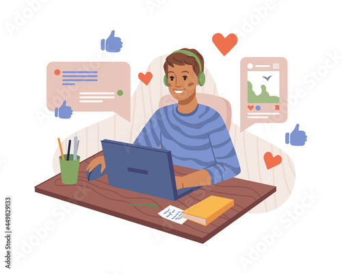 Young man cartoon character communicating in social networks on computer isolated. Vector teenager in earphones put like and super comment sign, communication on distance, chats. Teen at home chatting