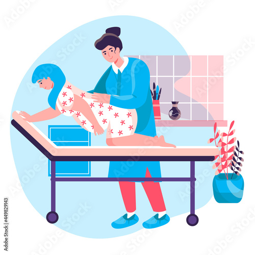 Pregnancy concept. Pregnant woman on all fours, nurse is helping her. Preparation childbirth, positions for labor activity character scene. Vector illustration in flat design with people activities