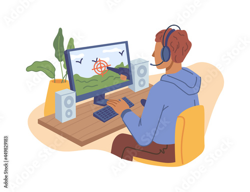 Teenager boy child playing online video game on computer isolated flat cartoon character in headphones shooting on duck. Vector hobby entertainment, guy spend leisure time at home, player in headset